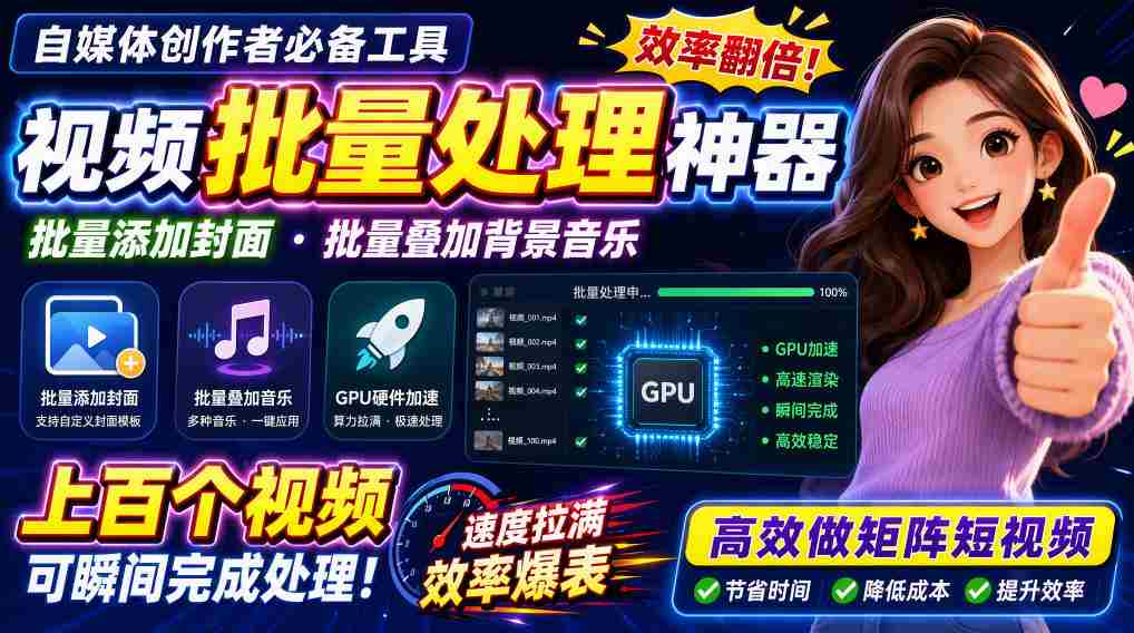 视频批量加封面，把封面添加到视频第一帧，不用剪辑软件批量添加-副业部