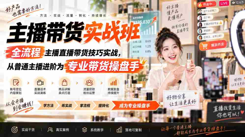 主播带货实战班ZB，全流程主播直播带货技巧实战，从普通主播进阶为专业带货操盘手-副业部