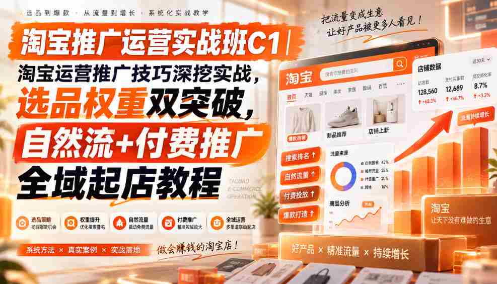 淘宝推广运营实战班C1｜淘宝运营推广技巧深挖实战，选品权重双突破，自然流+付费推广全域起店教程-副业部