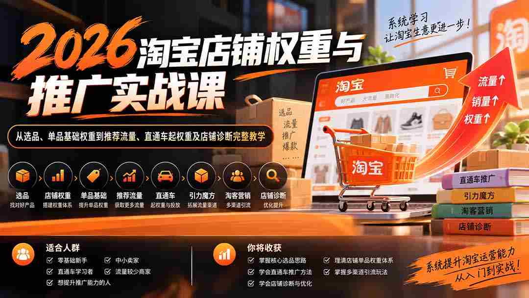 2026淘宝店铺权重与推广实战课：从选品、单品基础权重到推荐流量、直通车起权重及店铺诊断完整教学-副业部
