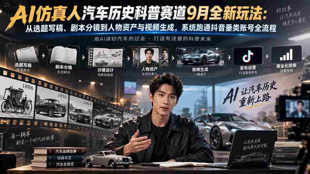 AI仿真人汽车历史科普赛道9月全新玩法：从选题写稿、剧本分镜到人物资产与视频生成，系统跑通抖音垂类账号全流程-副业部