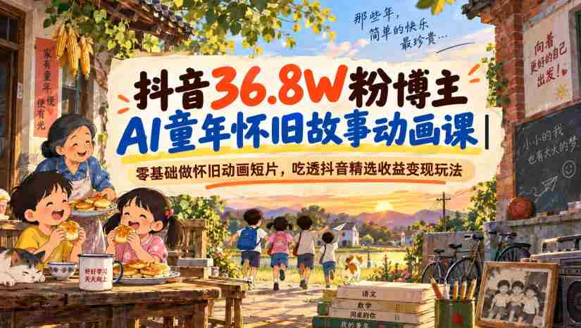 抖音36.8W粉博主AI童年怀旧故事动画课｜零基础做怀旧动画短片，吃透抖音精选收益变现玩法-副业部
