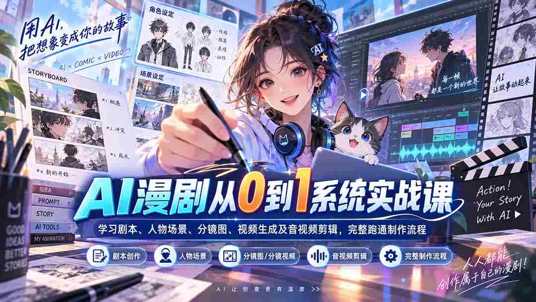 AI漫剧从0到1系统实战课：学习剧本、人物场景、分镜图、视频生成及音视频剪辑，完整跑通制作流程-副业部