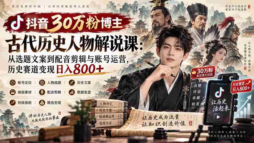 抖音30万粉博主古代历史人物解说课：从选题文案到配音剪辑与账号运营，历史赛道变现日入800+-副业部