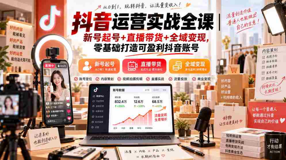 抖音运营实战全课｜新号起号+直播带货+全域变现，零基础打造可盈利抖音账号-副业部