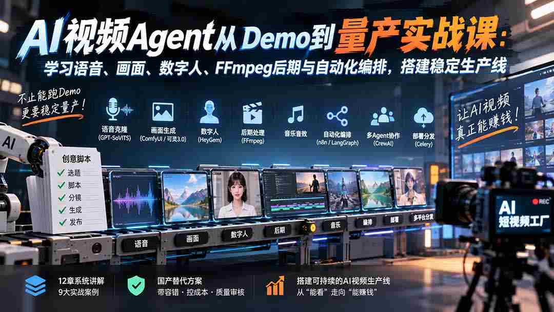 AI视频Agent从Demo到量产实战课：学习语音、画面、数字人、FFmpeg后期与自动化编排，搭建稳定生产线