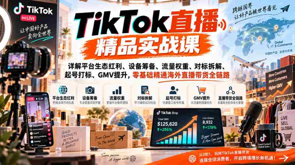 TikTok直播精品实战课，详解平台生态红利、设备筹备、流量权重、对标拆解、起号打标、GMV提升，零基础精通海外直播带货全链路-副业部