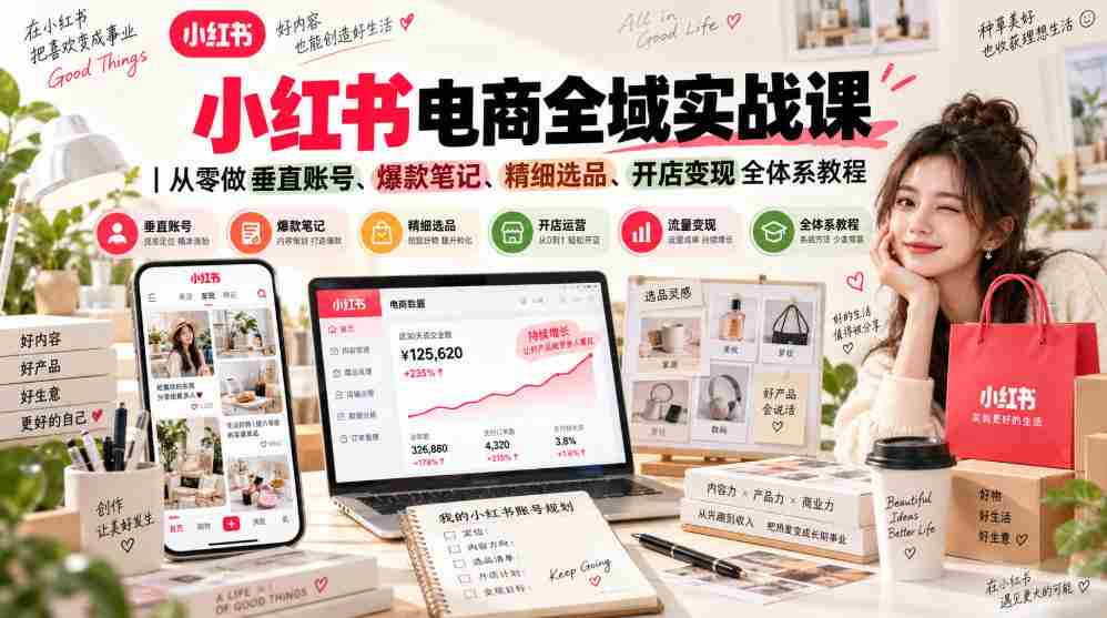 小红书电商全域实战课｜从零做垂直账号、爆款笔记、精细选品、开店变现全体系教程-副业部