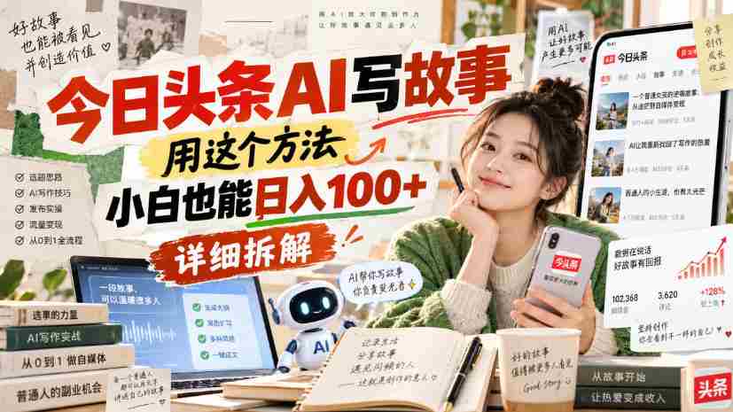 今日头条AI写故事，用这个方法，小白也能日入100+，详细拆解-副业部