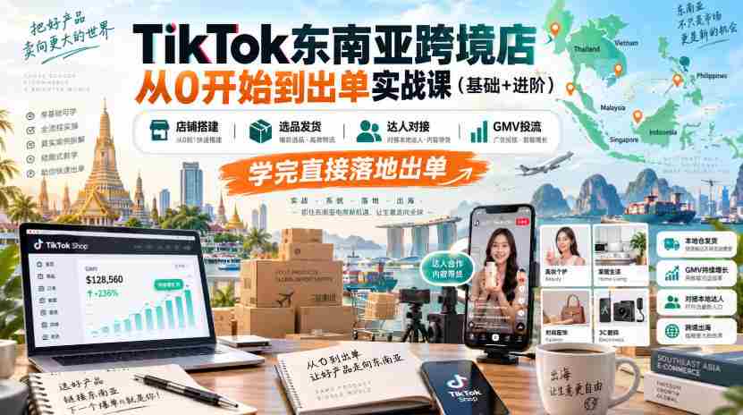 TikTok东南亚跨境店从0开始到出单实战课（基础+进阶），店铺搭建、选品发货、达人对接、GMV投流，学完直接落地出单-副业部