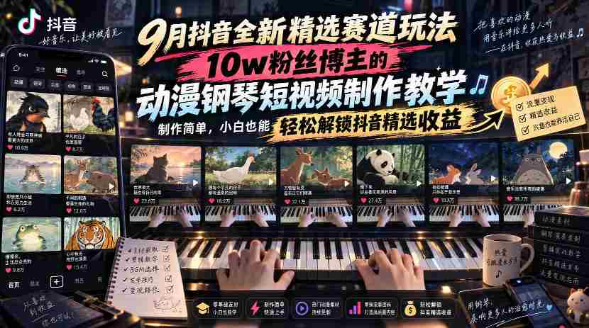 9月抖音全新精选赛道玩法，10w粉丝博主的动漫钢琴短视频制作教学，制作简单，小白也能轻松解锁抖音精选收益-副业部