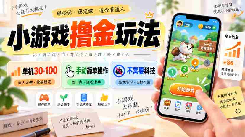 小游戏撸金玩法，单机30-100，手动简单操作，不需要科技-副业部