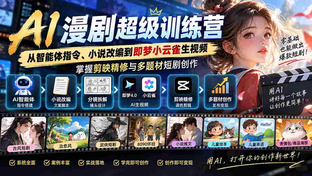 AI漫剧超级特训营：从智能体指令、小说改编到即梦小云雀生视频，掌握剪映精修与多题材短剧创作-副业部