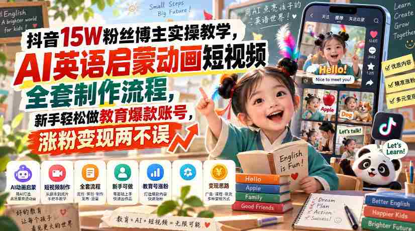 抖音15W粉丝博主实操教学,AI英语启蒙动画短视频全套制作流程,新手轻松做教育爆款账号,涨粉变现两不误