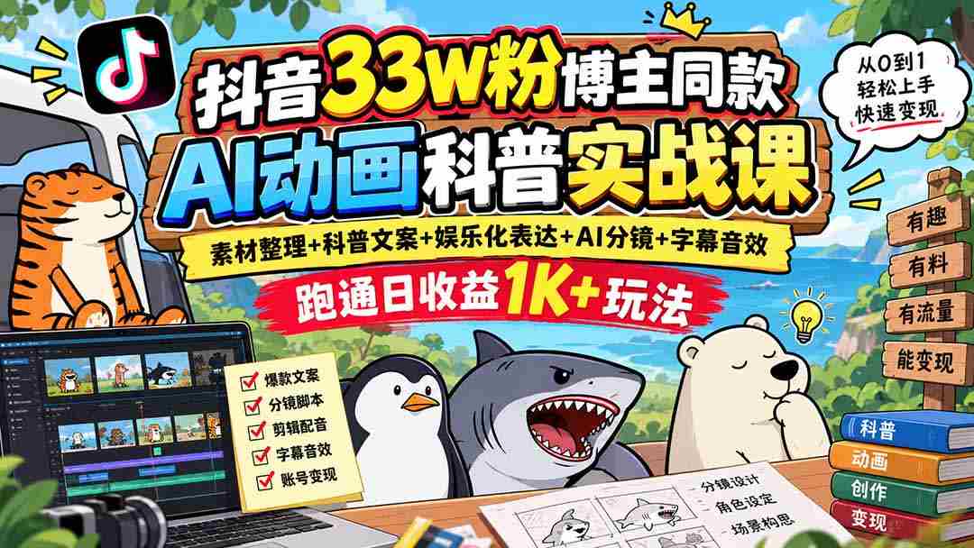 揭秘抖音33万粉丝大V独家AI动画教学：从素材到文案，娱乐表达，AI分镜，字幕音效全攻略，轻松实现日入过千！-副业部