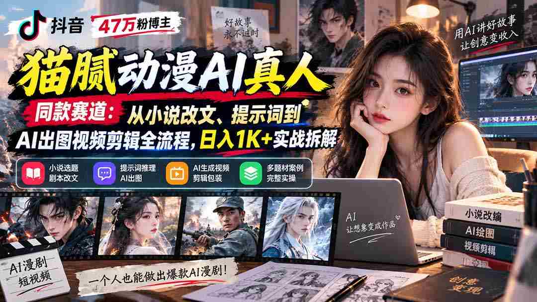 抖音47万粉博主猫腻动漫AI真人同款赛道:从小说改文、提示词到AI出图视频剪辑全流程,日入1K+实战拆解-副业部