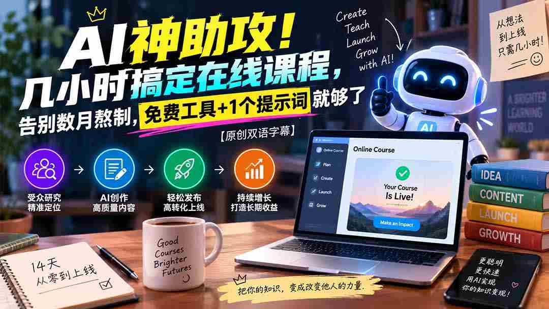 智能助手大显神通，短短数小时制作完成在线课程，摆脱漫长制作期，只需免费工具与一关键提示词即可，原创双语字幕呈现！-副业部
