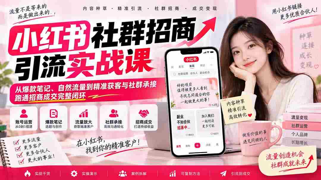 揭秘小红书社群营销全攻略：零水印课程带你玩转爆款笔记，实现自然引流与精准客户获取，打造招商成交闭环-副业部