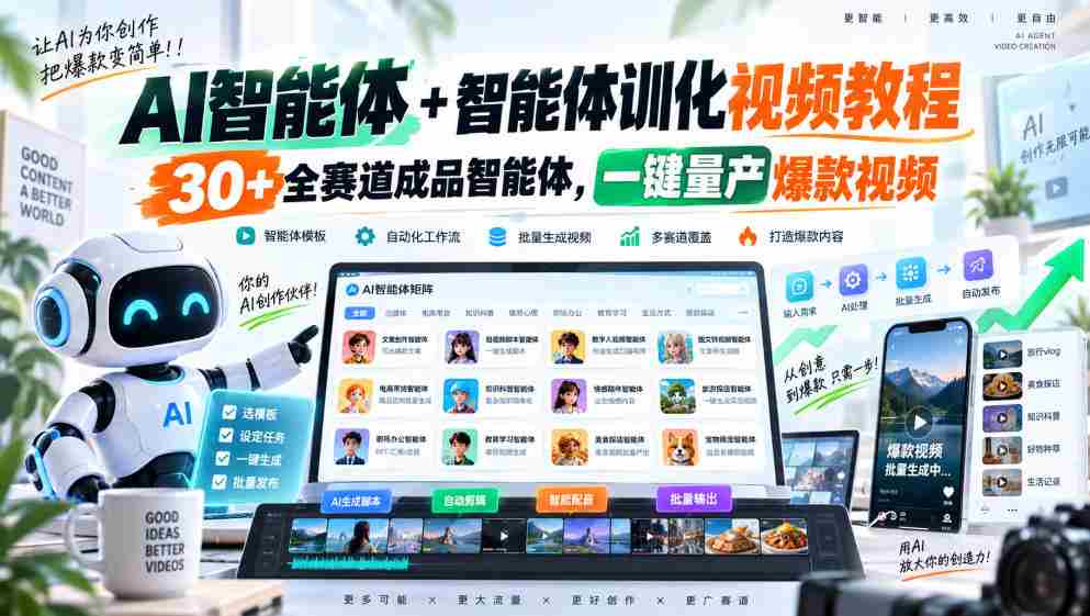 全新AI智能助手与智能训练教程，涵盖30余赛道成品智能体，轻松打造爆款视频一键量产-副业部