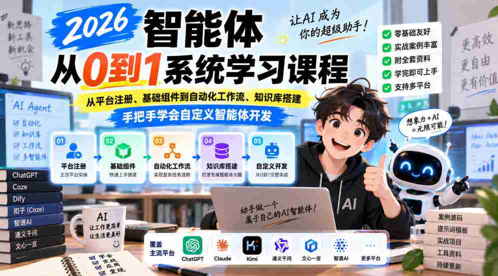 2026智能体从0到1系统学习课程,从平台注册、基础组件到自动化工作流、知识库搭建,手把手学会自定义智能体开发