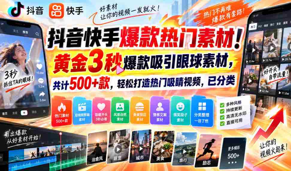 揭秘抖音快手爆款秘籍！精选3秒黄金素材，500+热门选择，轻松打造火眼金睛短视频，分类齐全！-副业部
