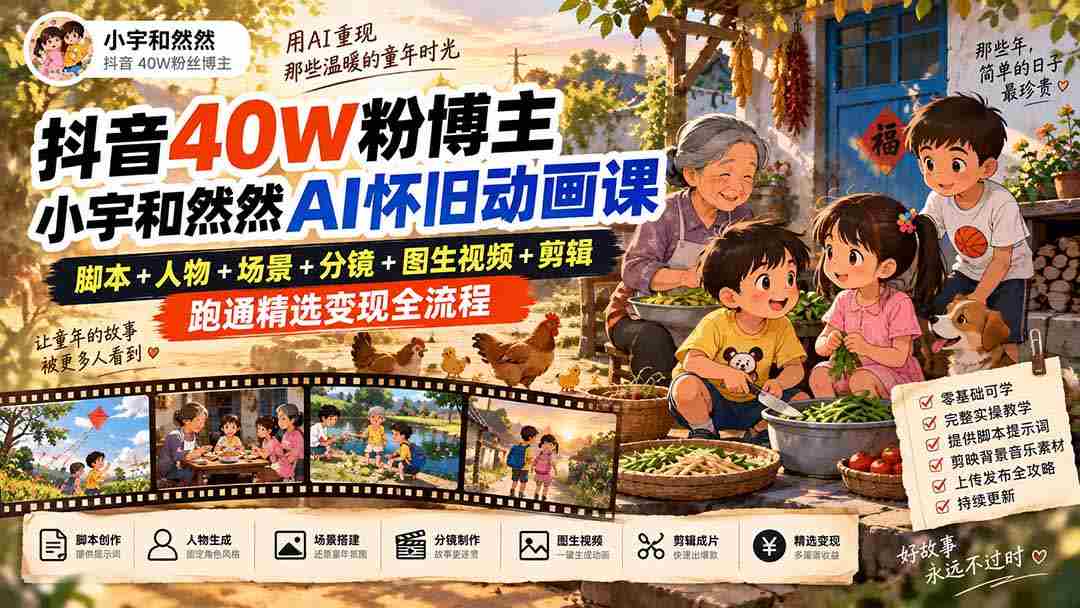 抖音40W粉博主小宇和然然AI怀旧动画课｜脚本+人物+场景+分镜+图生视频+剪辑，跑通精选变现全流程-副业部
