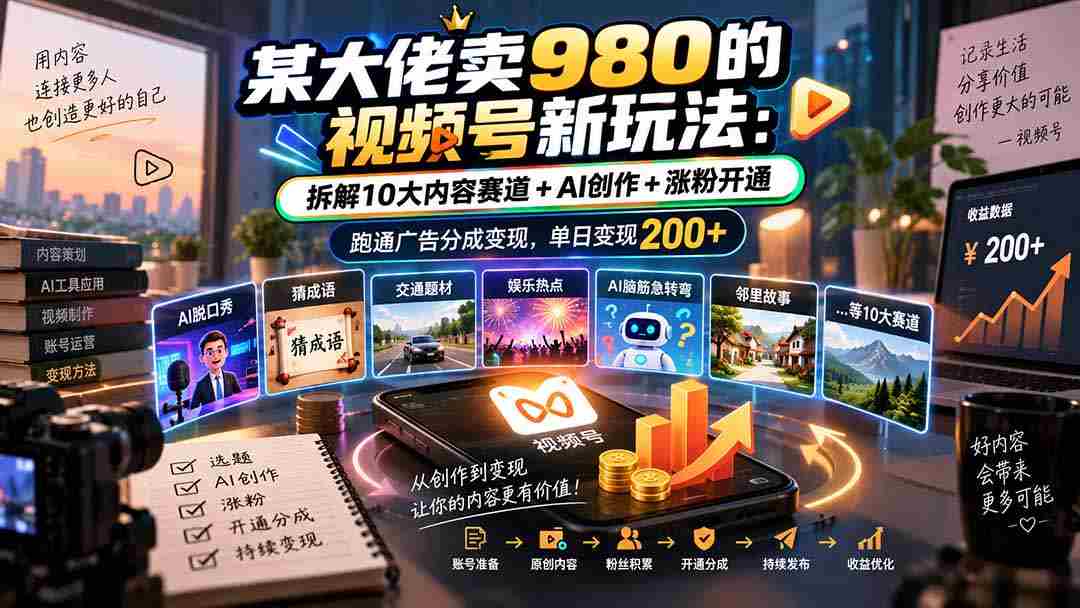 揭秘大佬980元视频号创新玩法：全方位解析内容矩阵+智能AI助力，轻松涨粉增收，广告分成变现每日可达200元-副业部
