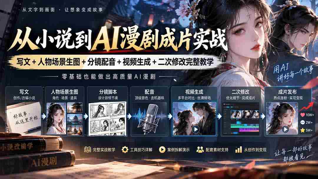 从小说到AI漫剧成片实战：写文+人物场景生图+分镜配音+视频生成+二次修改完整教学-副业部