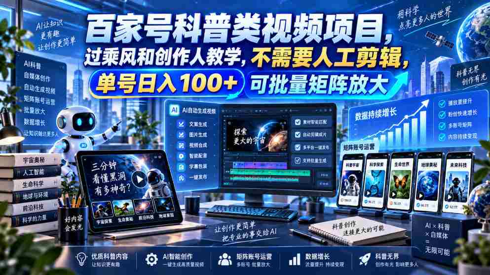 百亿流量科普短视频计划，乘风破浪学创作技巧，零剪辑操作，单账号日赚百元，轻松构建矩阵效应-副业部
