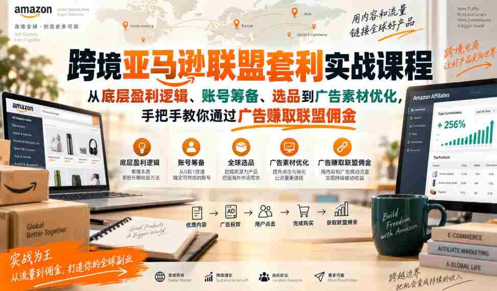 跨境亚马逊联盟套利实战课程,从底层盈利逻辑、账号筹备、选品到广告素材优化,手把手教你通过广告賺取联盟佣金