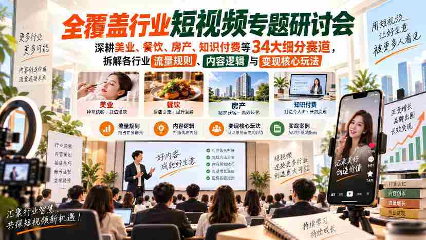 聚焦短视频领域，深入探讨美业、餐饮、房产、知识付费等34个细分市场，解析行业流量密码、内容策略及盈利关键