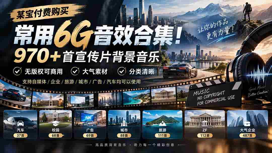 精选某宝付费音效包，囊括6G动感音乐库！千余首宣传片背景曲，商用无忧，分类详尽，大气素材尽在掌握-副业部