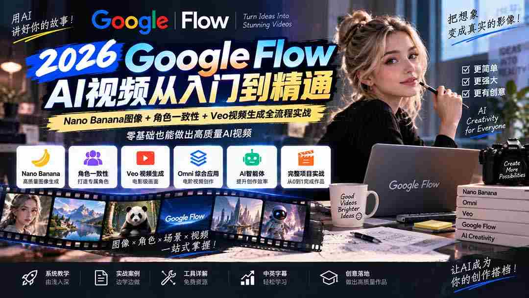 探索Google Flow AI视频制作：深度解析Nano Banana图像、角色一致性及Veo视频生成技巧，中英字幕全程指导-副业部