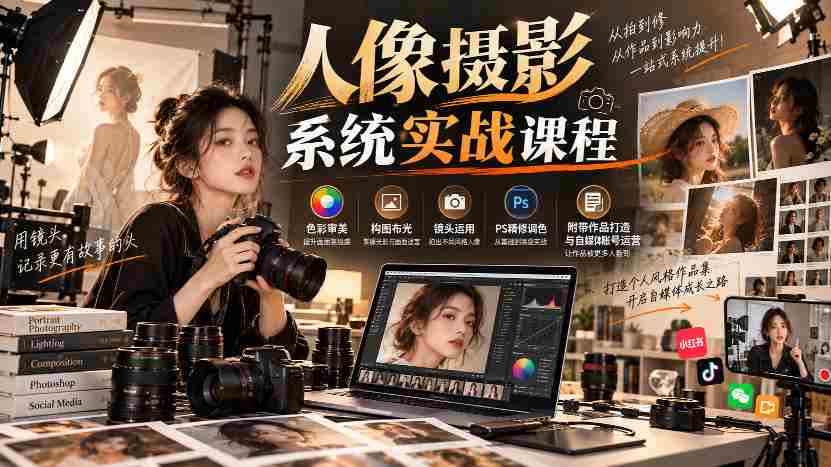 深度解析】人像摄影全攻略：色彩美学、构图布光技巧、镜头操作秘籍，PS后期精修调色，作品创作与自媒体运营一网打尽-副业部