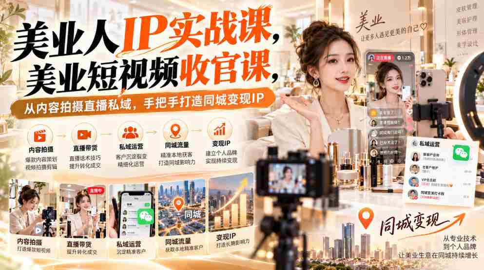 【无水印】美业人IP实战课,美业短视频收官课,从内容拍摄直播私域,手把手打造同城变现IP
