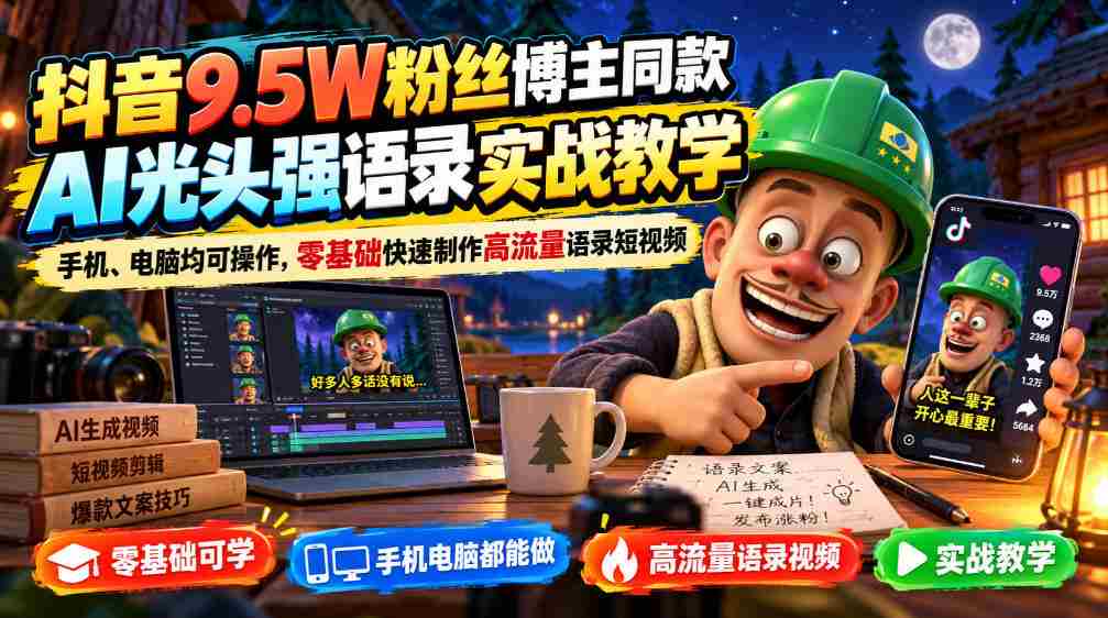 抖音9.5W粉丝博主同款AI光头强语录实战教学，手机、电脑均可操作，零基础快速制作高流量语录短视频-副业部