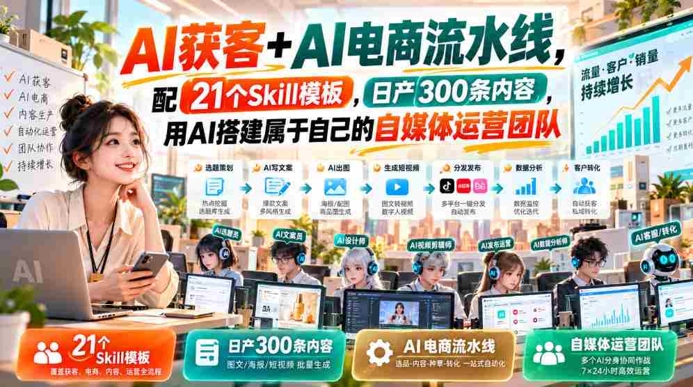 AI赋能客户获取与电商全链路，配备21款技能模板，每日产出300篇内容，AI助力打造个性化自媒体运营团队