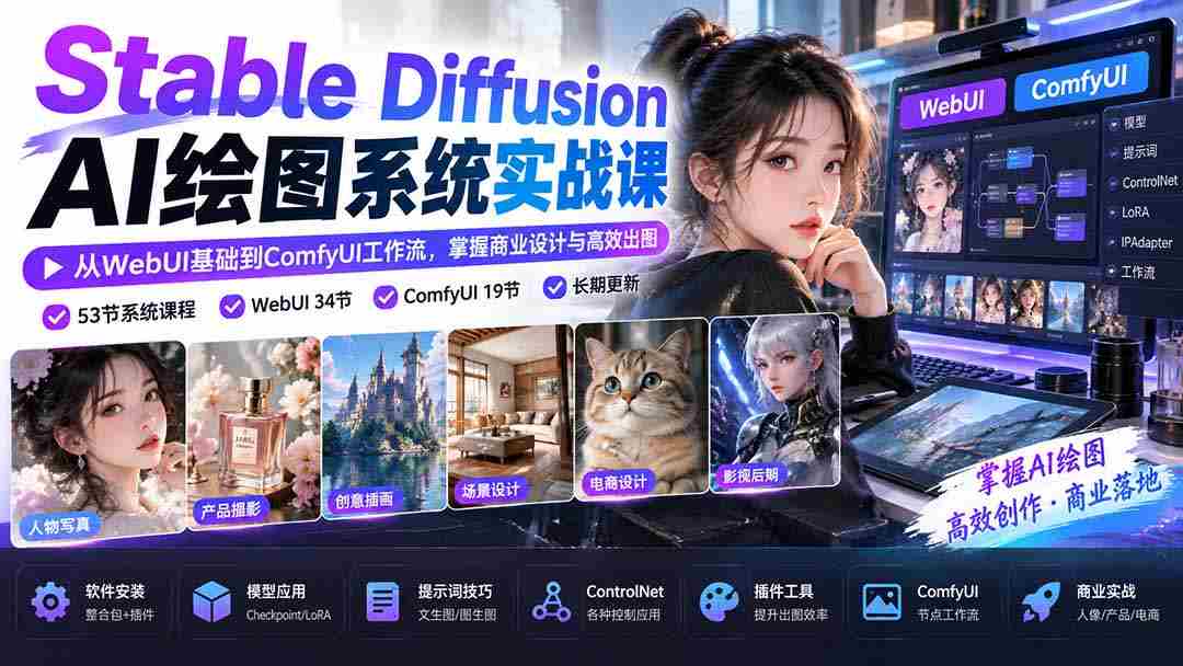 探索Stable Diffusion AI绘图奥秘：从WebUI入门到ComfyUI高效流程，商业设计技能轻松提升-副业部