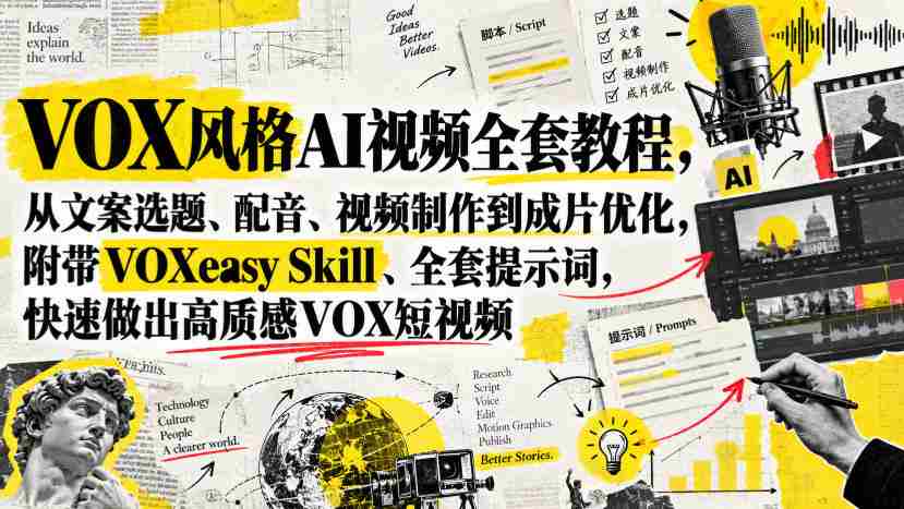 VOX风格AI视频全套教程，从文案选题、配音、视频制作到成片优化，附带VOXeasy Skill、全套提示词，快速做出高质感VOX短视频