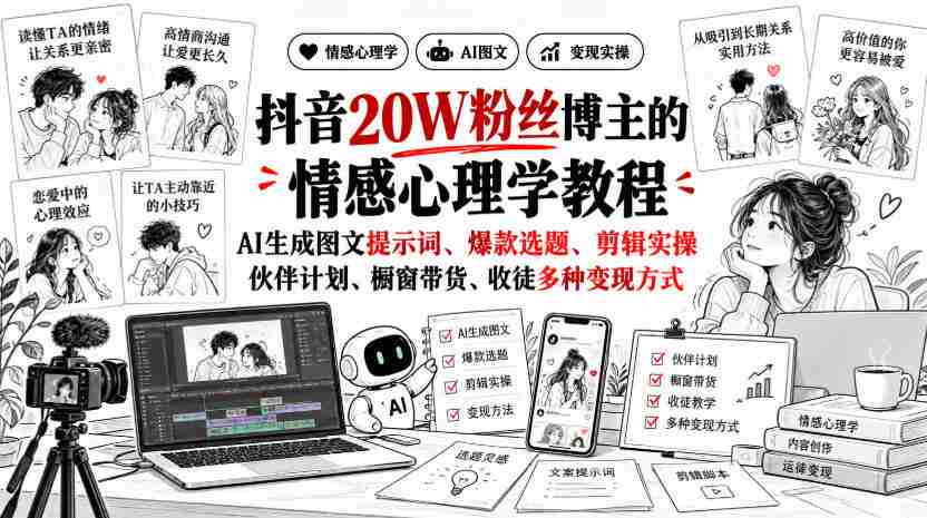 揭秘抖音20万粉丝达人：深度解析情感心理学课程，AI打造图文攻略、热门选题、剪辑技巧，全方位解析伙伴计划、橱窗销售、收徒赚钱多途径