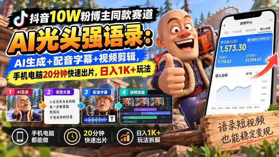 抖音十万粉丝达人热推：AI光头强台词新玩法，智能生成+语音字幕+视频剪辑，仅需手机电脑20分钟，轻松日赚千元-副业部