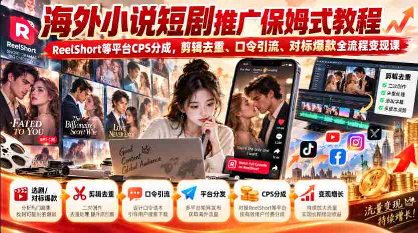 海外轻小说短视频营销指南：ReelShort等平台CPS收益解析，剪辑技巧、关键词引流、爆款对标，全方位变现课程攻略