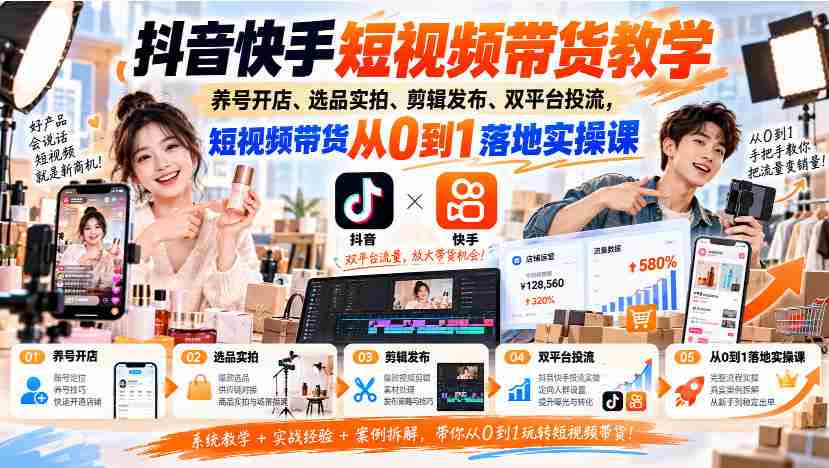 抖音快手短视频营销指南：养号开店技巧、选品拍摄策略、剪辑发布诀窍，双平台流量投放实操课程，带你轻松开启短视频带货之旅
