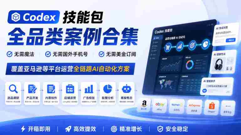 全方位Codex技能包案例汇编：轻松驾驭亚马逊等平台，一键实现全链路AI自动化，无需魔法、外卡、美元订阅