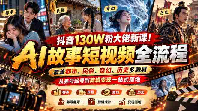 揭秘抖音百万粉丝达人全新课程：全方位AI短视频制作攻略，涵盖城市、民间、魔幻、历史等多种题材，从账号运营到视频剪辑、收益变现一网打尽