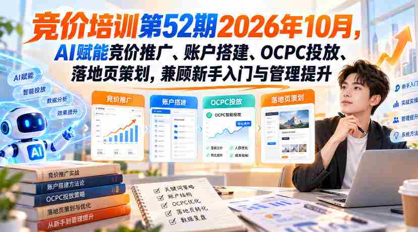 2026年10月第52期无水印竞价培训：AI助力，全面掌握推广、账户构建、OCPC投放与落地页设计，新手进阶与高手提升两不误