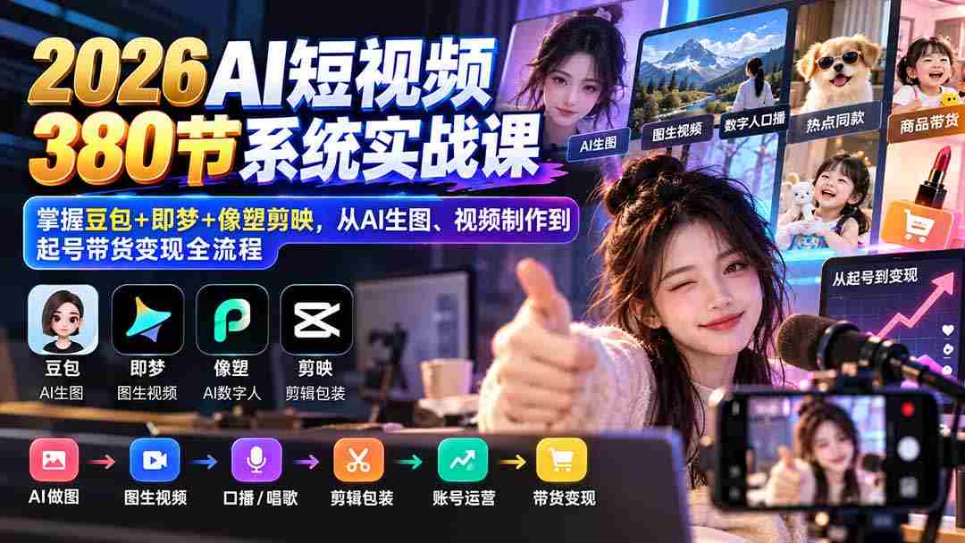 高清无码】2026年度AI短视频课程全集：豆包、即梦、像塑剪映一网打尽，AI绘图、视频制作到账号运营、带货盈利一站式教学