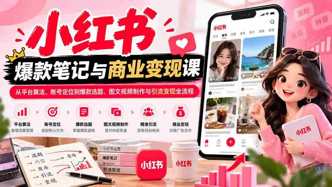 2026小红书爆款笔记与商业变现课：从平台算法、账号定位到爆款选题、图文视频制作与引流变现全流程