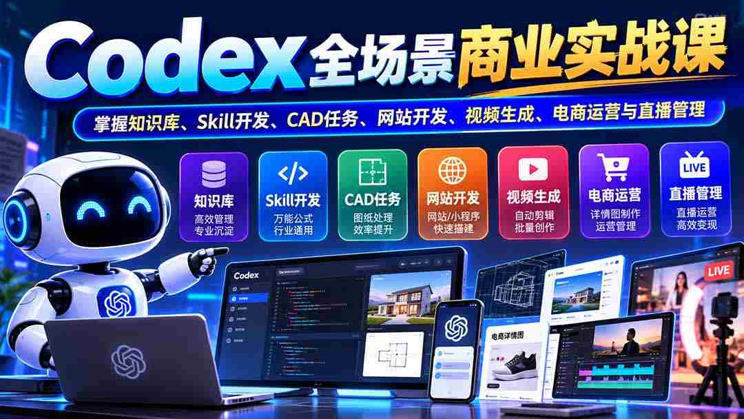 零水印-Codex全方位商业实战教程：精通知识库构建、Skill技能开发、CAD作业处理、网站构建、视频制作、电商运营及直播管控