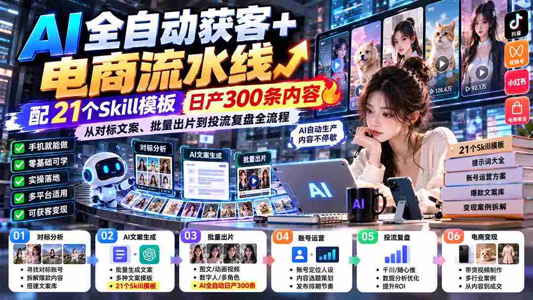 全新升级-AI一键抓客+电商自动化生产线-最新0929版：含21款技能模板，日产出300篇内容，涵盖文案对标、批量制作及推广投放全环节